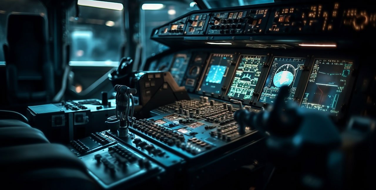 inside of an aircraft cockpit with blue lighting