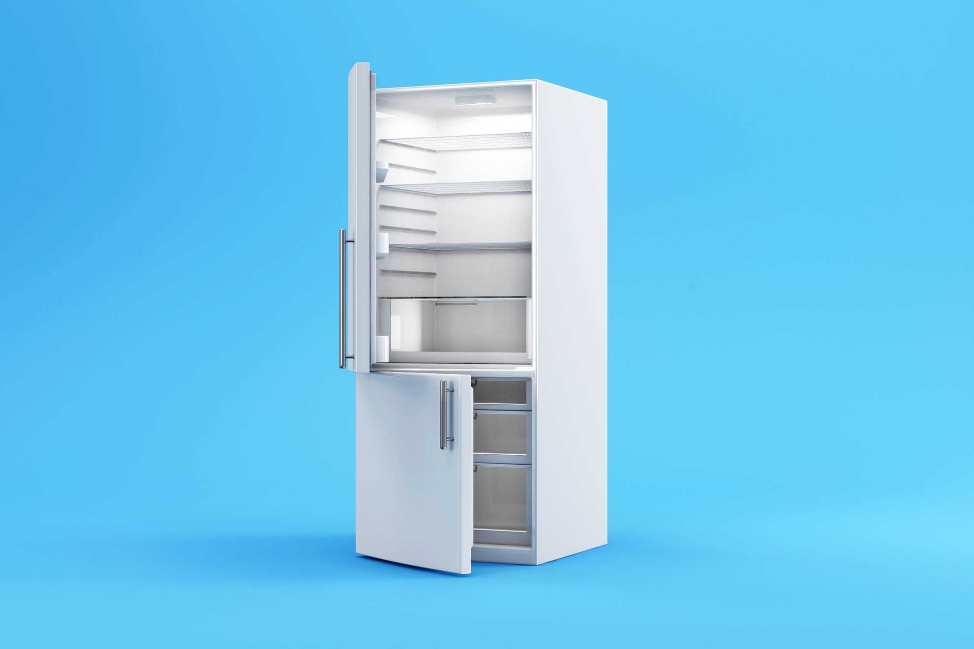 white refrigerator on blue background