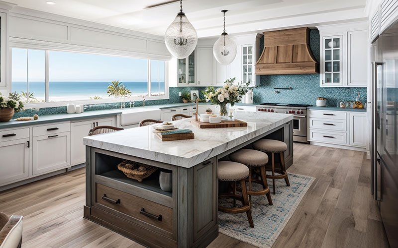 a custom-built kitchen island with drawers and shelving