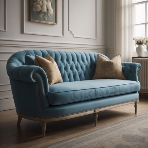 an elgant blue sofa with brown cushions