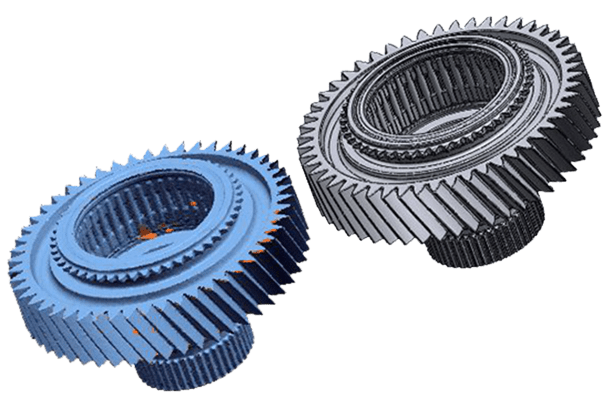 side by side of 3D scan data and parametric model of an engineering part and